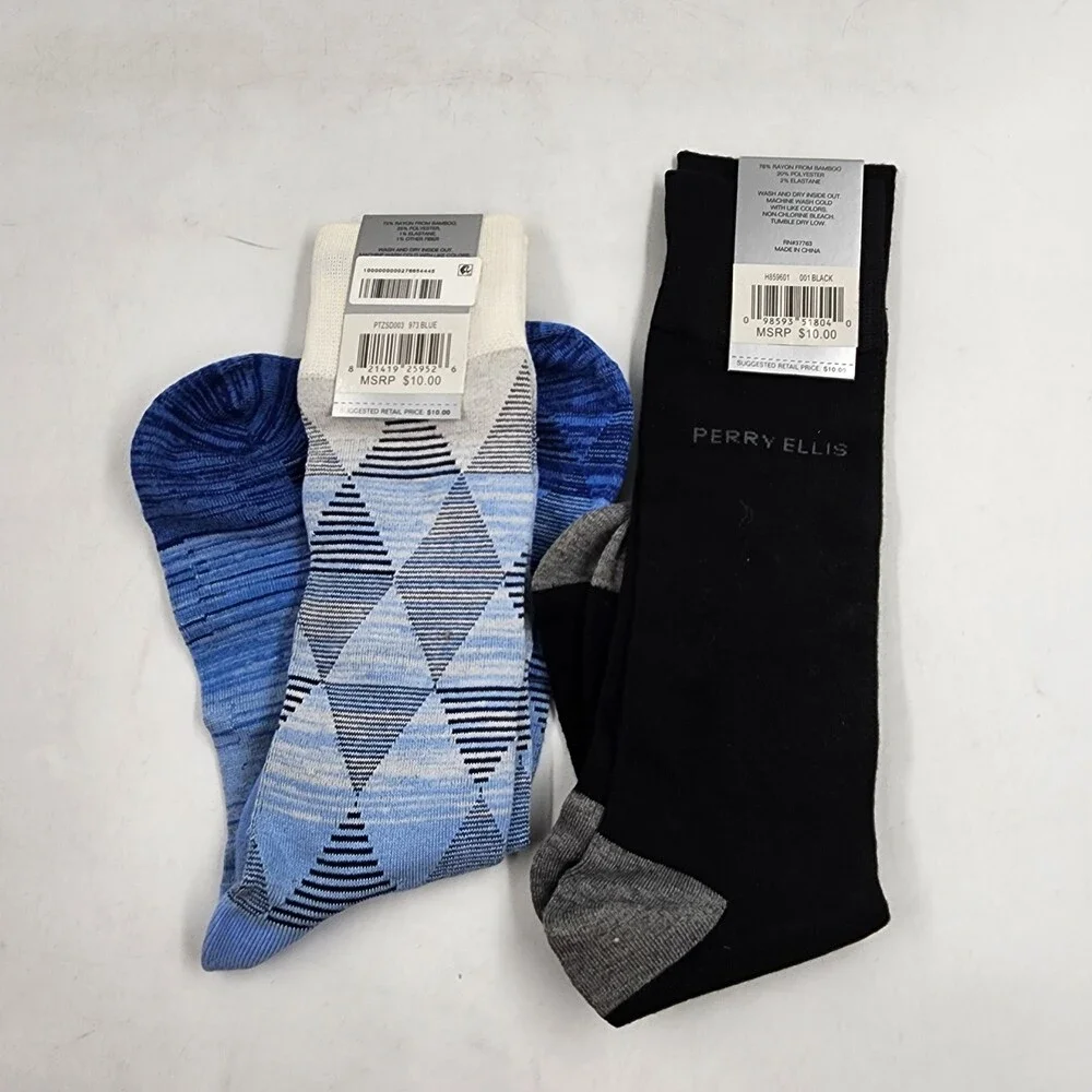Perry Ellis Moisture-Wicking Diamond Space-Dyed & Logo Crew Socks Men's 7-12~